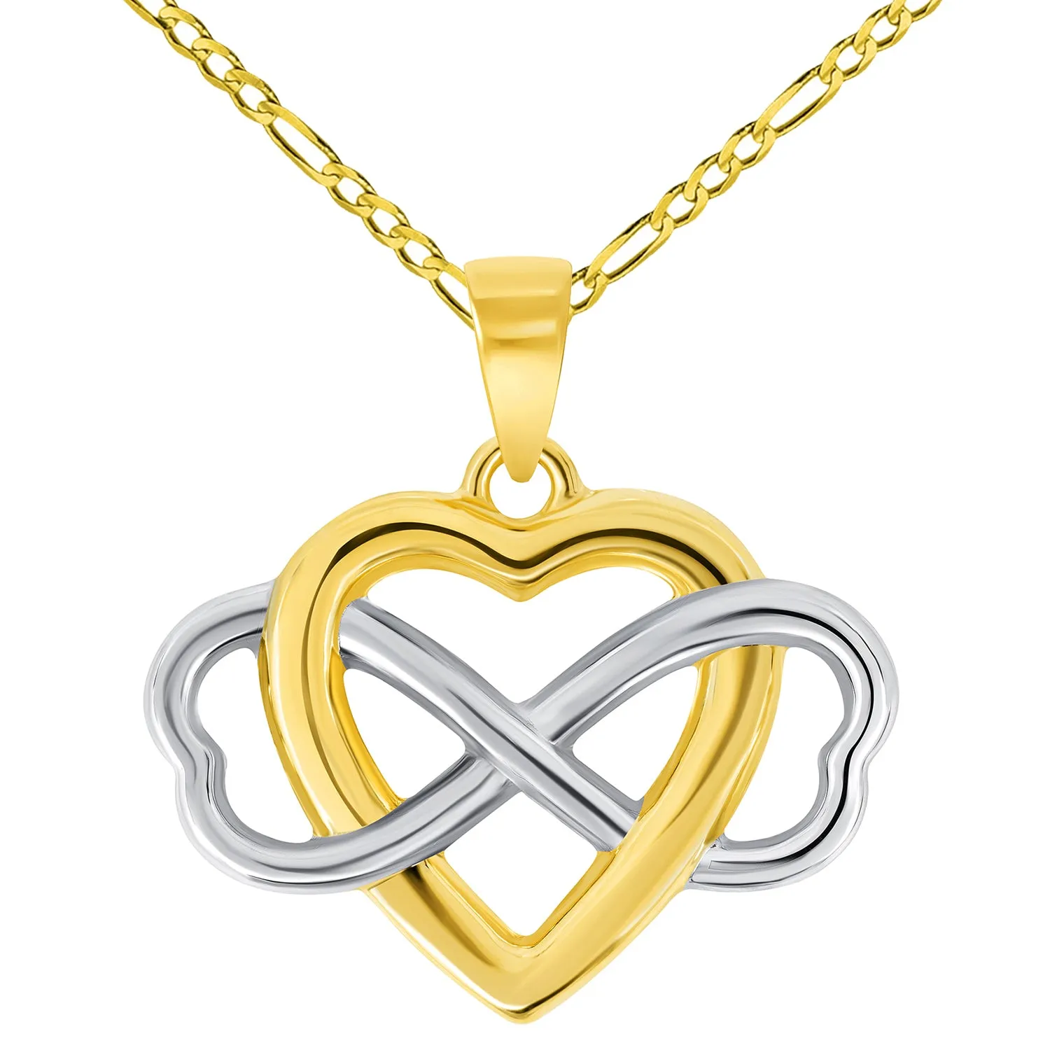 14k Two Tone Gold Interlocking Heart Infinity Love Symbol Pendant with Rolo Cable, Cuban Curb, or Figaro Chain Necklace