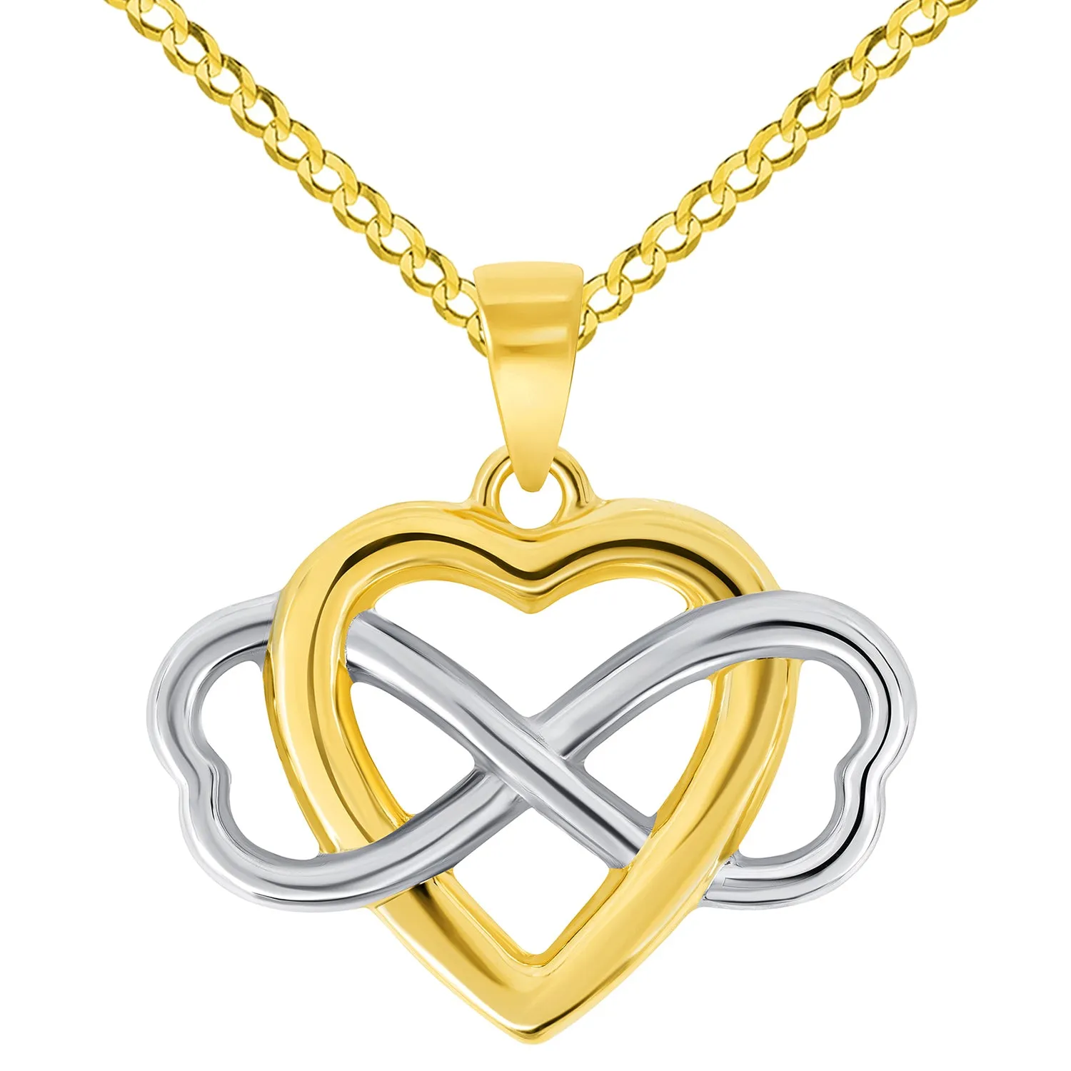 14k Two Tone Gold Interlocking Heart Infinity Love Symbol Pendant with Rolo Cable, Cuban Curb, or Figaro Chain Necklace