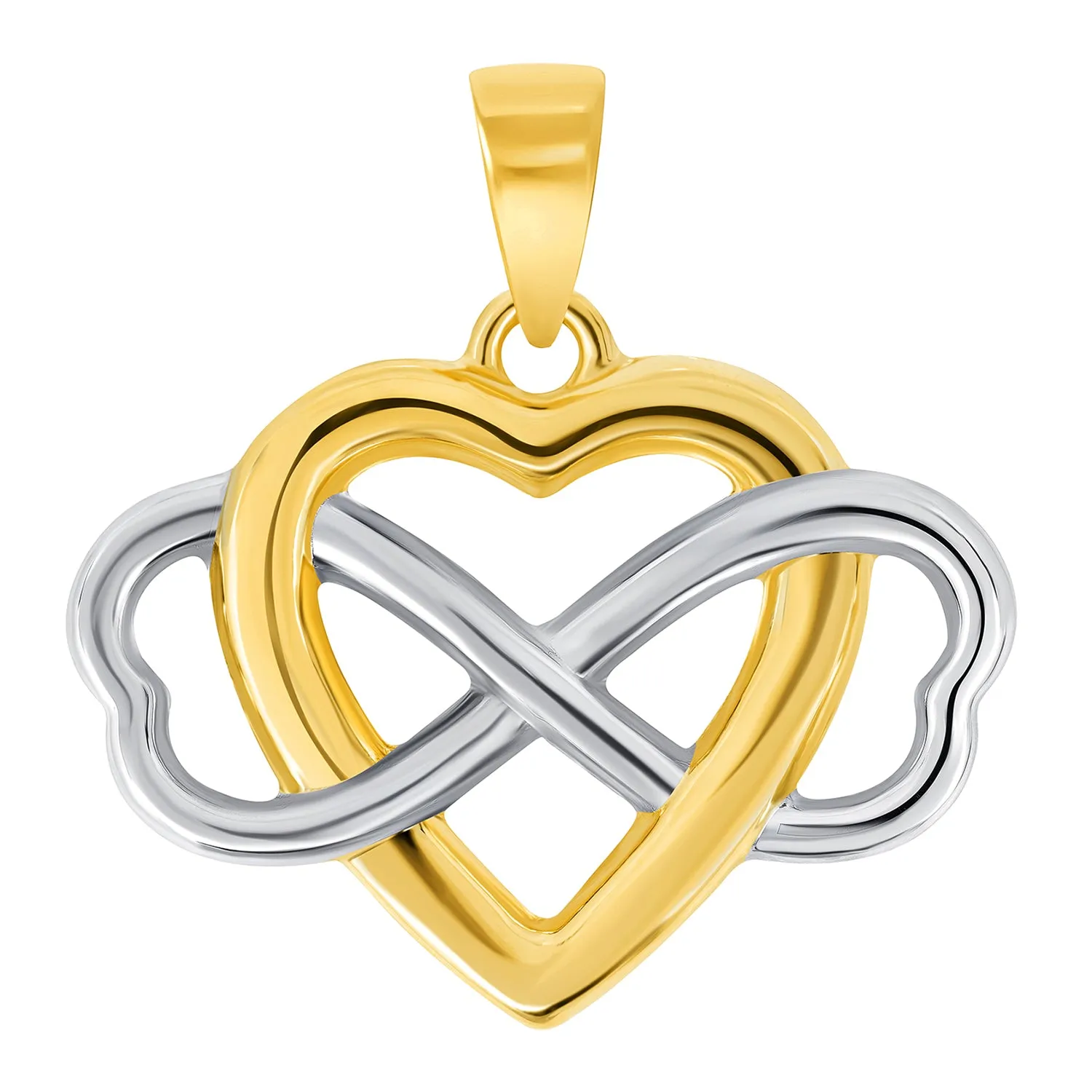 14k Two Tone Gold Interlocking Heart Infinity Love Symbol Pendant with Rolo Cable, Cuban Curb, or Figaro Chain Necklace