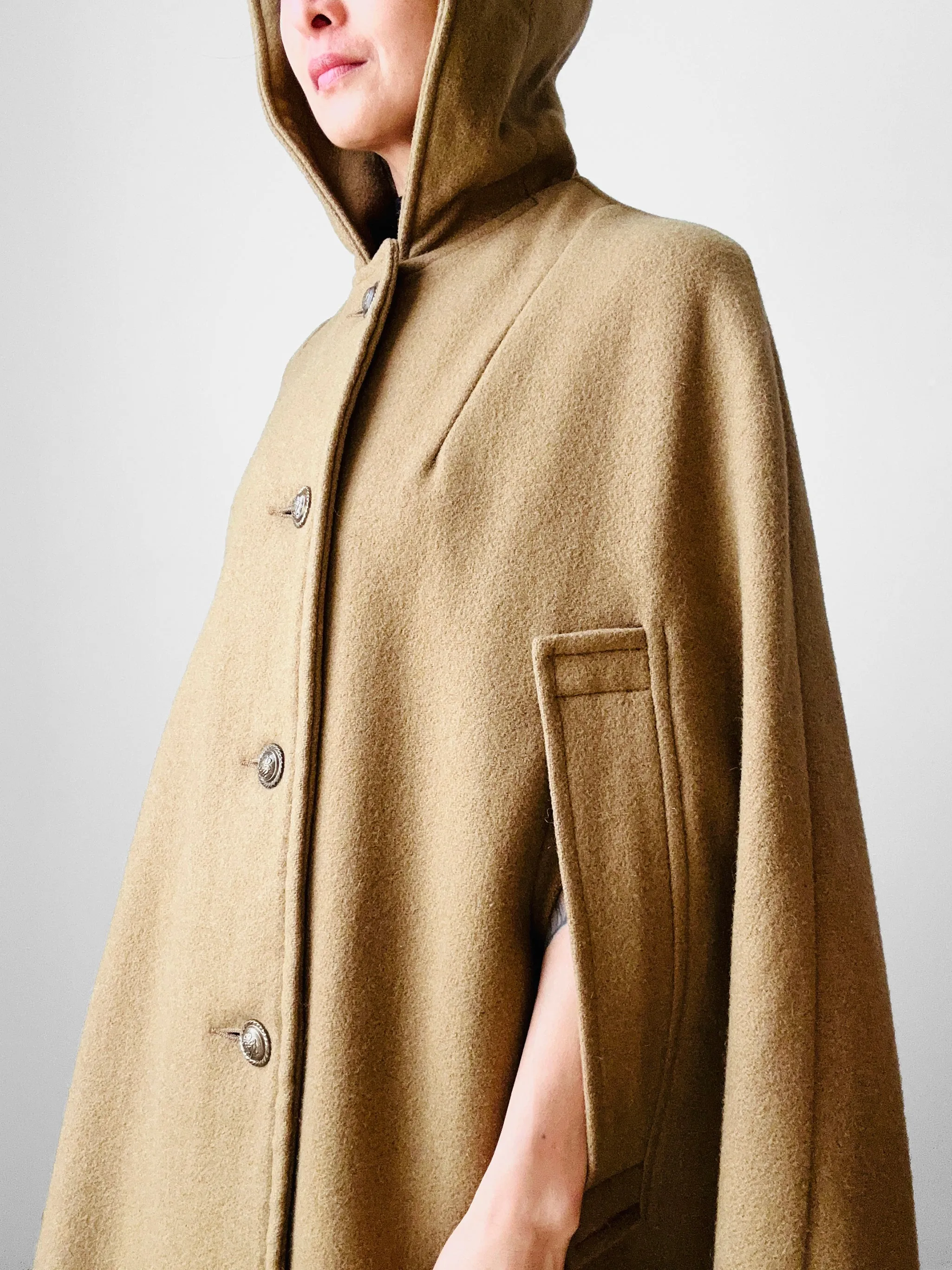1940s Olive Hooded Military Uniform Heavy Wool Cape - Sz. O/S