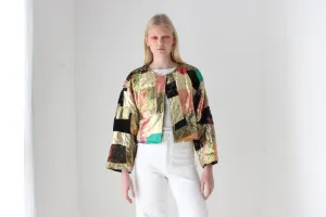 80s Metallic Patchwork Rayon Quilted Cropped Kimono Jacket