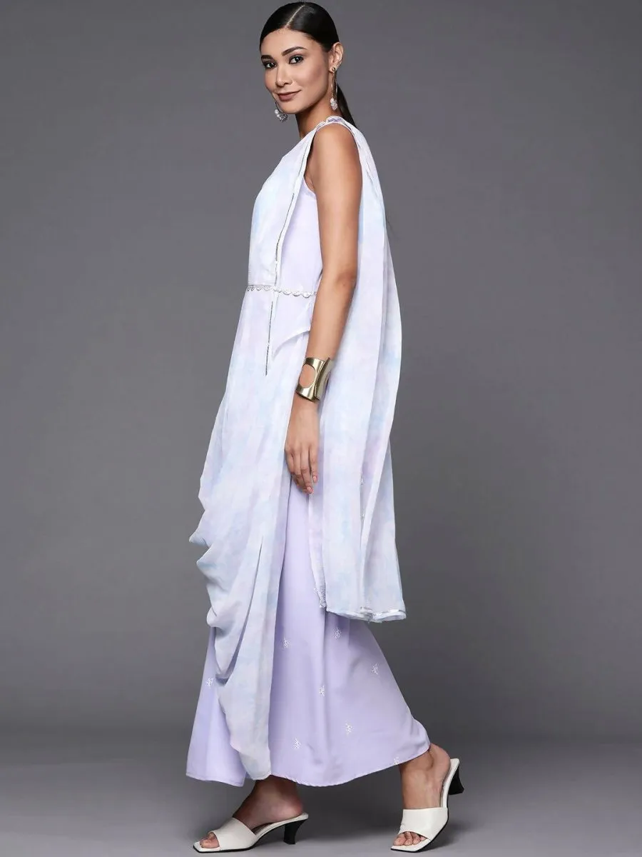 Ahalyaa Blue & White Floral Print Ethnic Maxi Dress with Attached Dupatta