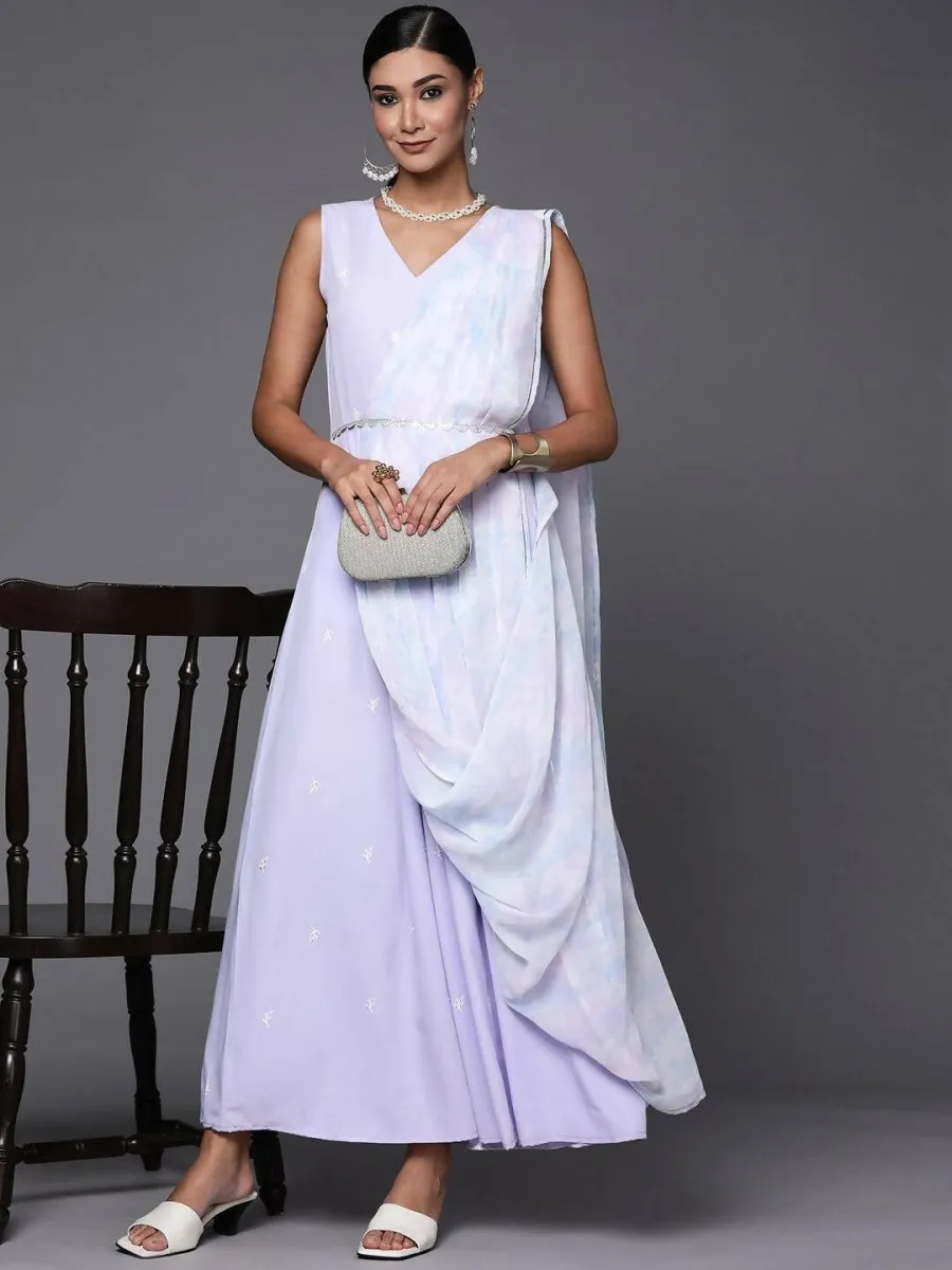 Ahalyaa Blue & White Floral Print Ethnic Maxi Dress with Attached Dupatta