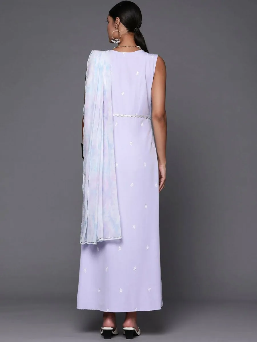 Ahalyaa Blue & White Floral Print Ethnic Maxi Dress with Attached Dupatta