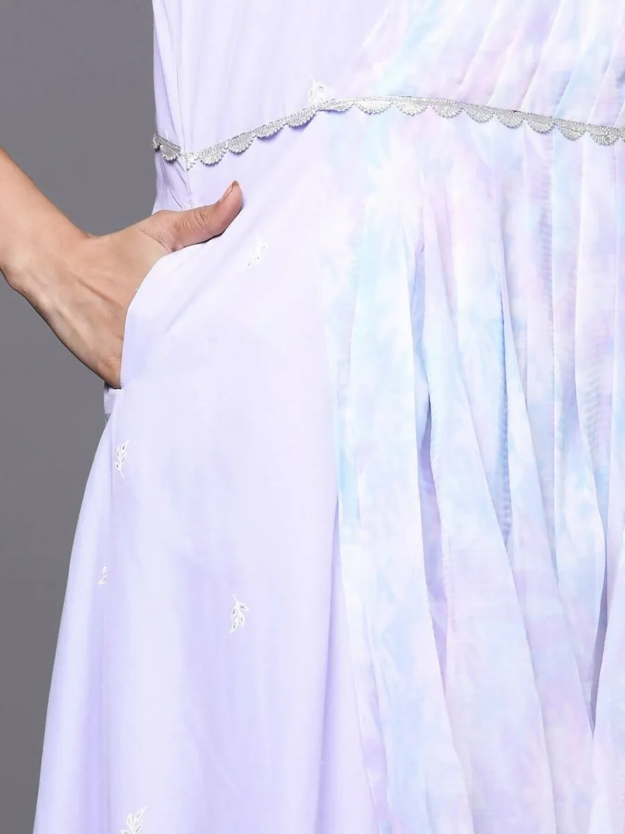 Ahalyaa Blue & White Floral Print Ethnic Maxi Dress with Attached Dupatta