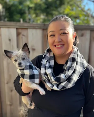 Black and White Buffalo Plaid Matching Dog Bandana and Human Infinity Scarf