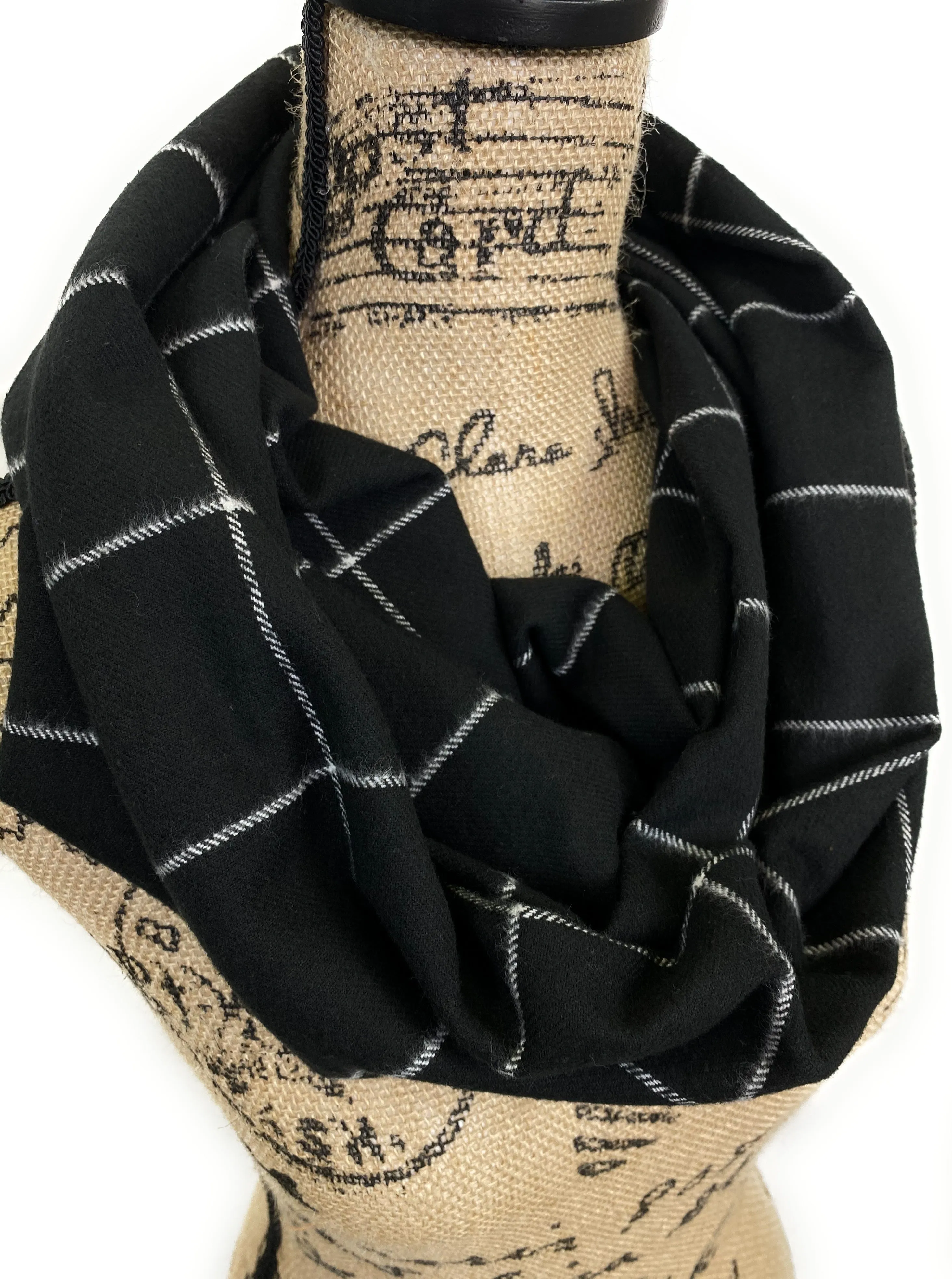 Black and White Windowpane Plaid Medium Weight Flannel Plaid Scarf
