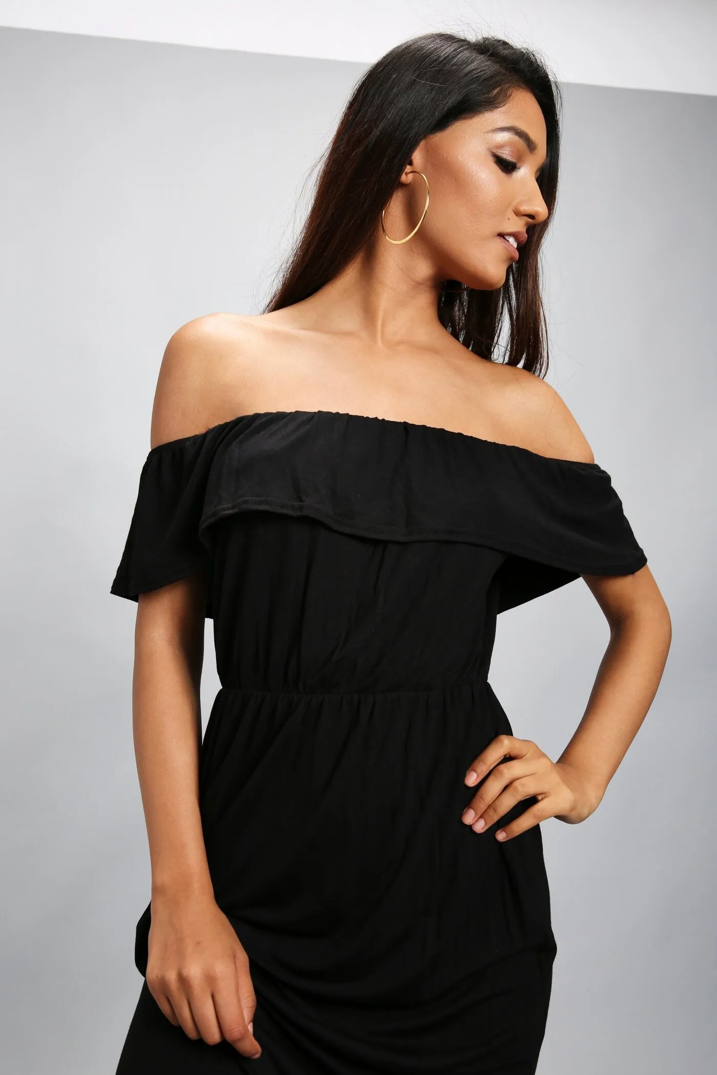 Black Bardot Frill Maxi Dress
