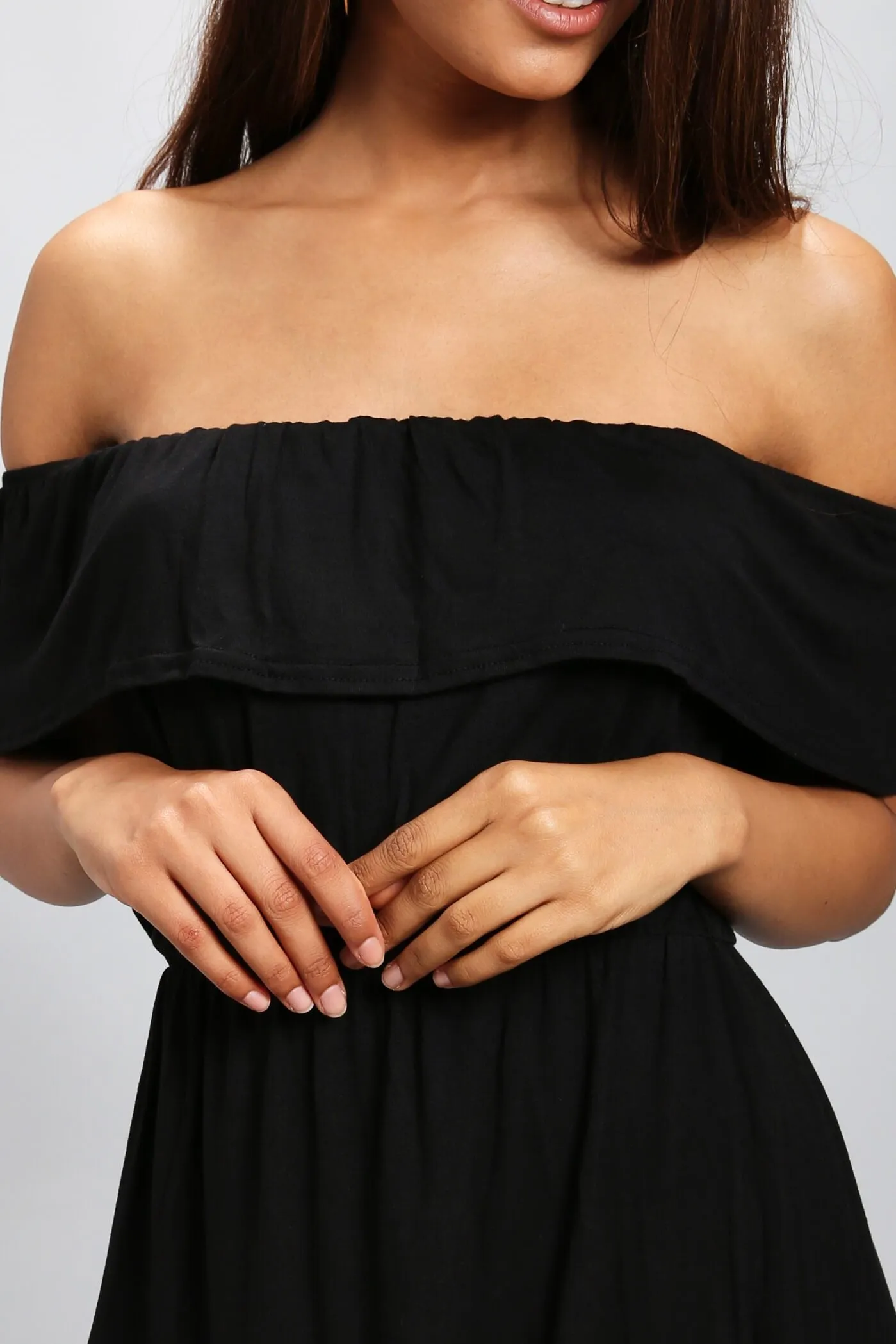 Black Bardot Frill Maxi Dress