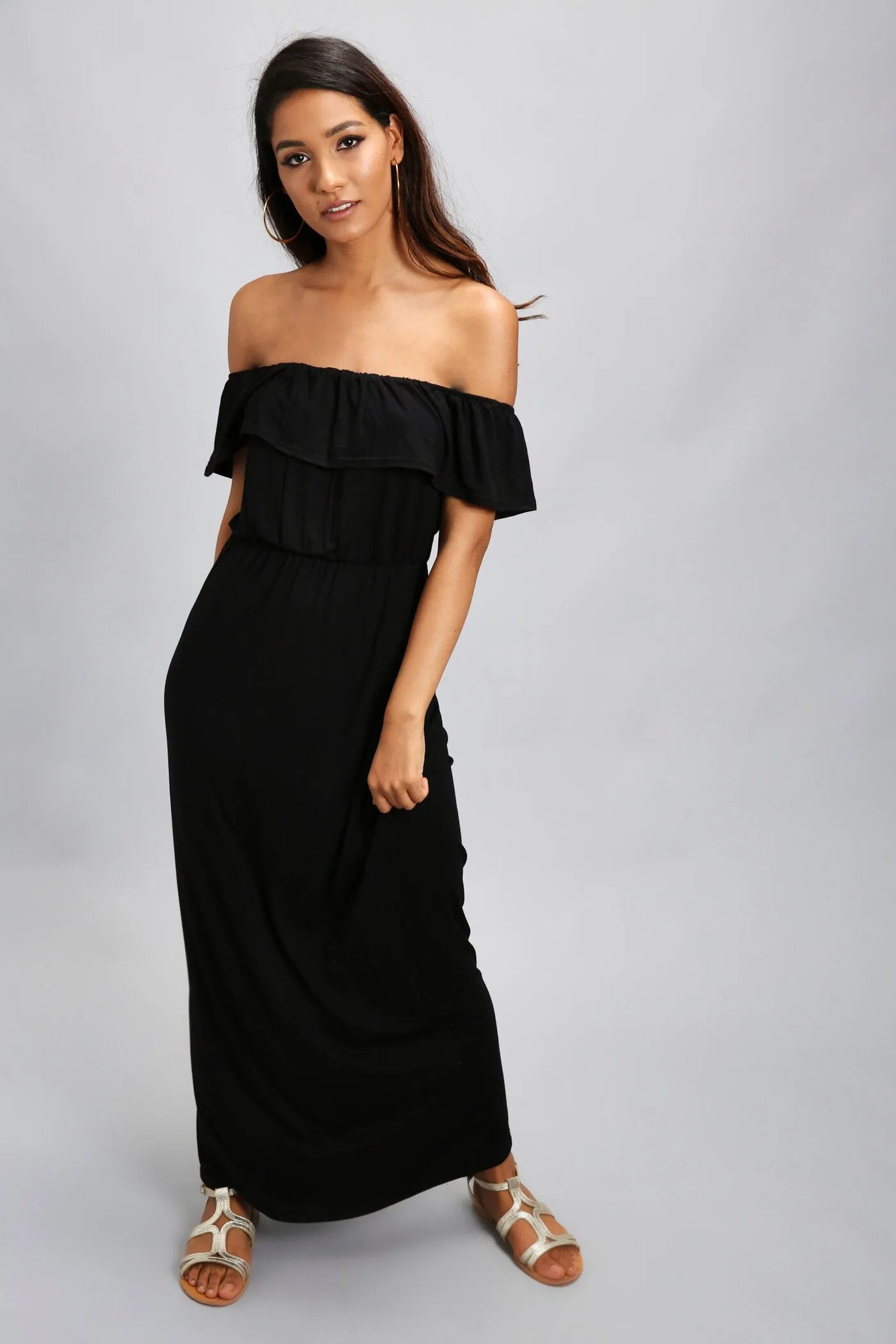 Black Bardot Frill Maxi Dress