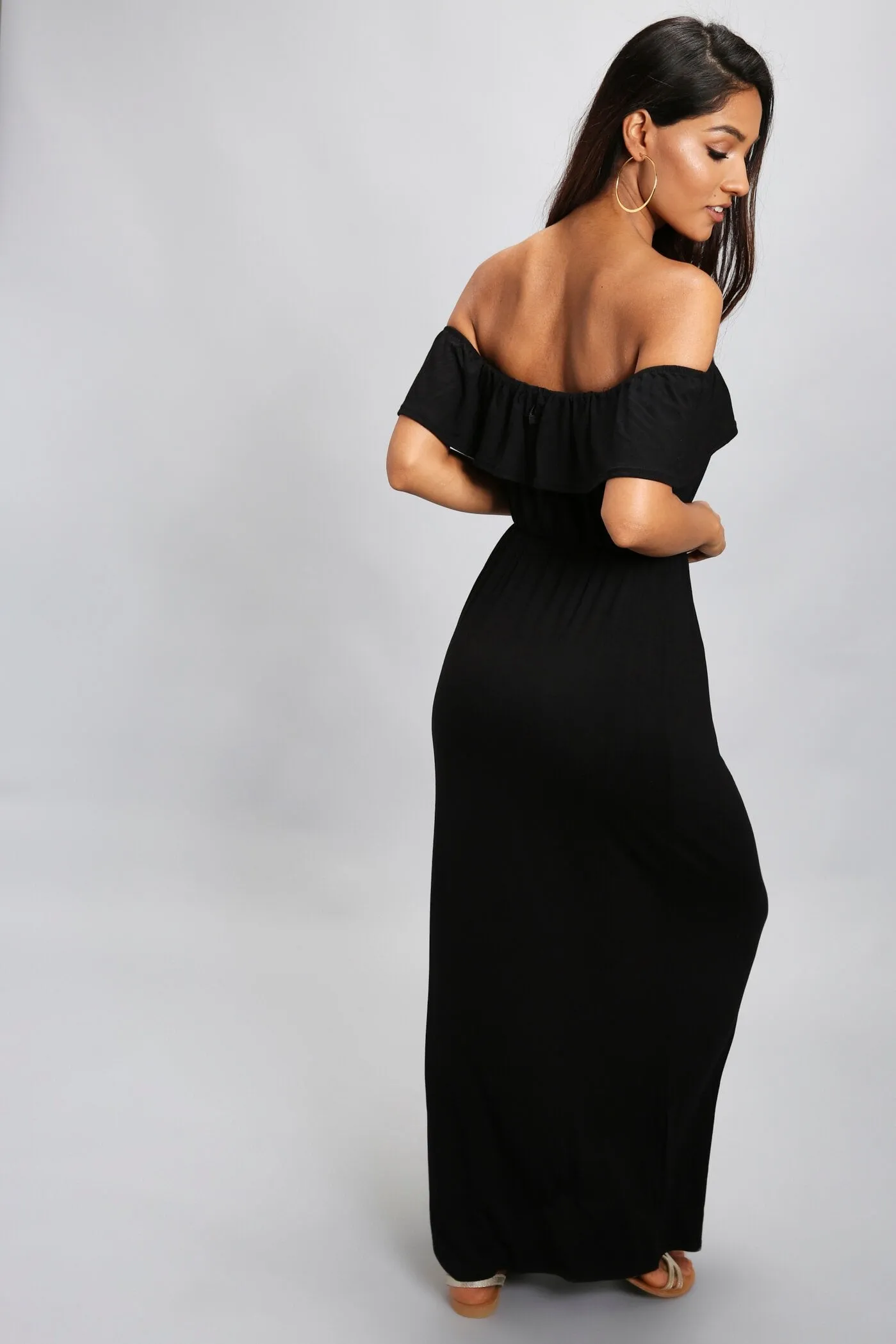 Black Bardot Frill Maxi Dress