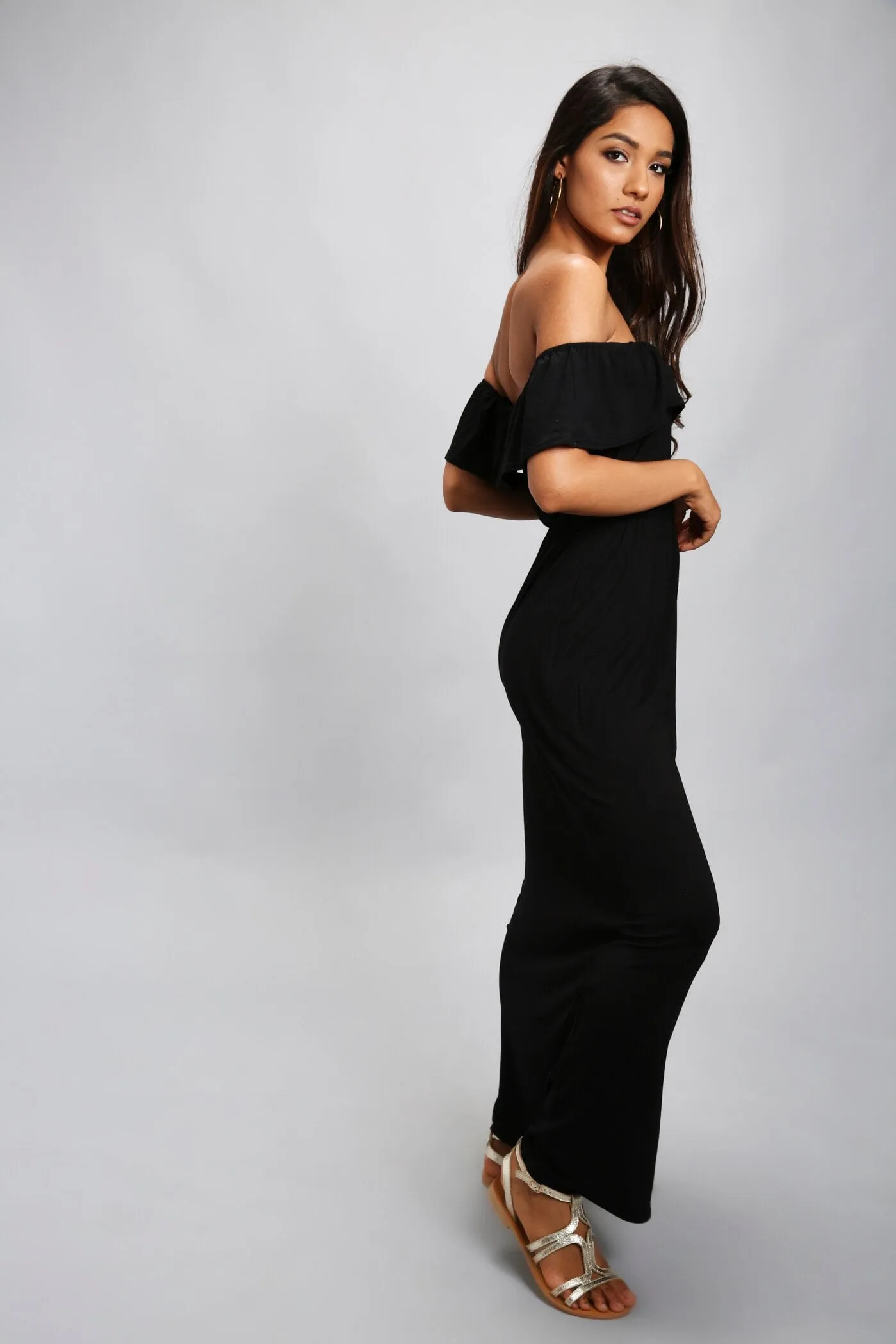 Black Bardot Frill Maxi Dress