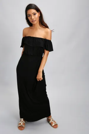 Black Bardot Frill Maxi Dress
