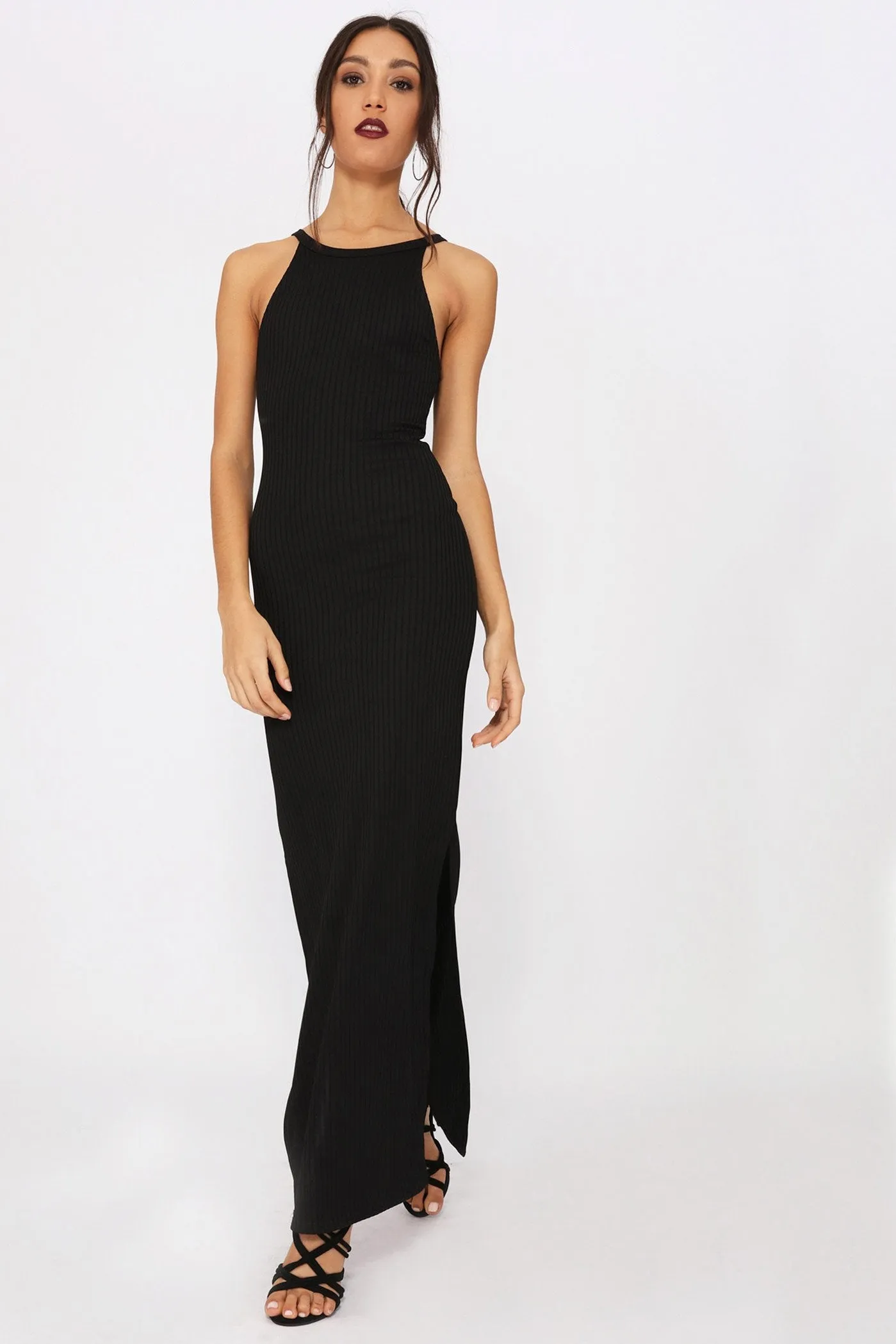 Black Side Slit Ribbed Maxi Dress