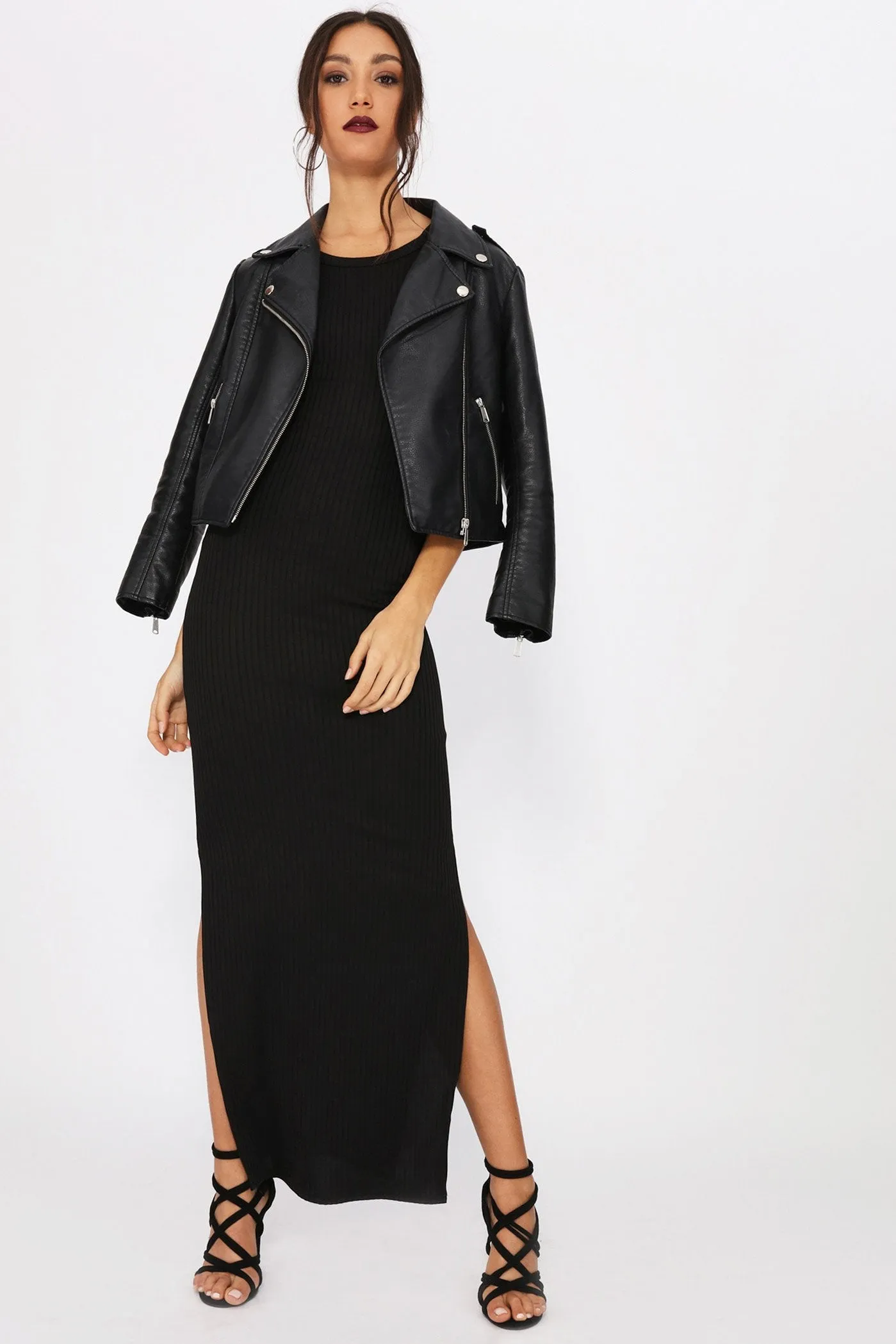 Black Side Slit Ribbed Maxi Dress