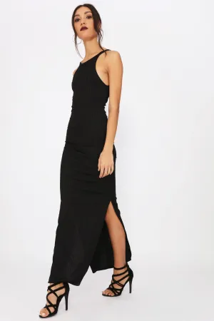 Black Side Slit Ribbed Maxi Dress