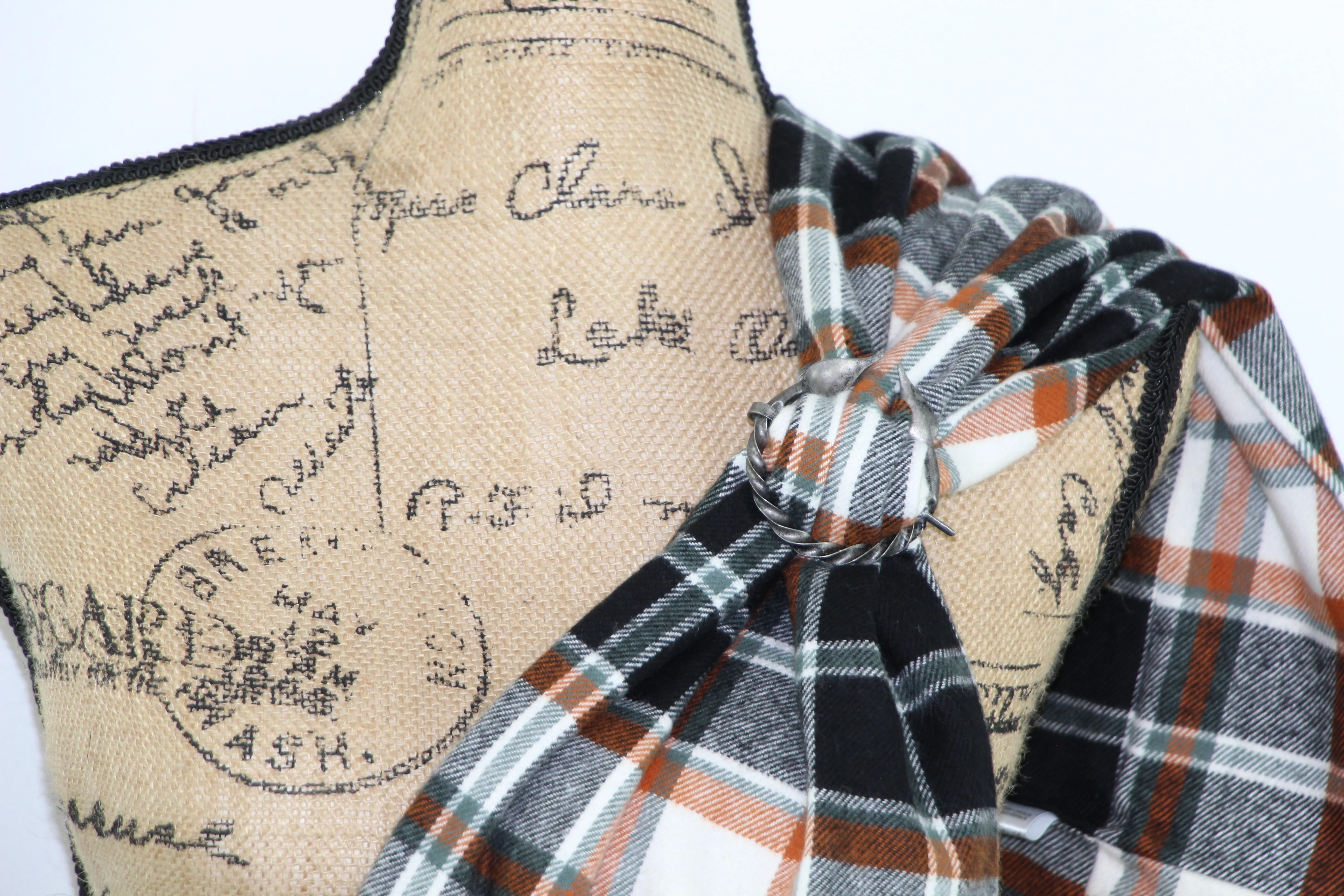Black, White, Teal-Gray, and Orange Medium Weight Flannel Plaid Infinity or Blanket Scarf