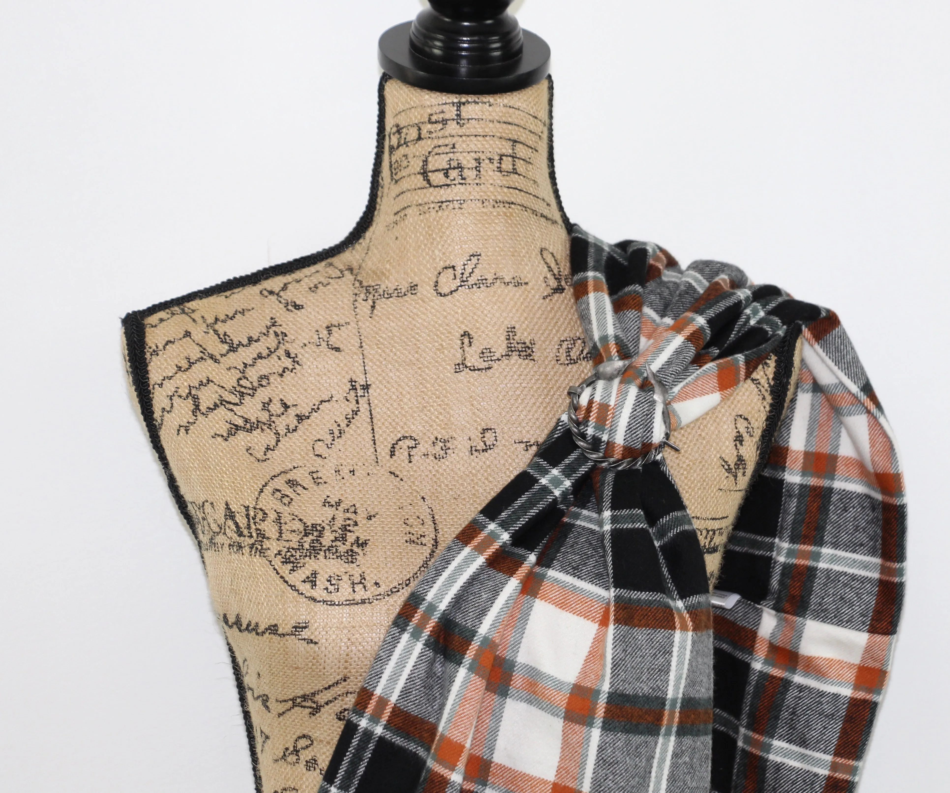 Black, White, Teal-Gray, and Orange Medium Weight Flannel Plaid Infinity or Blanket Scarf