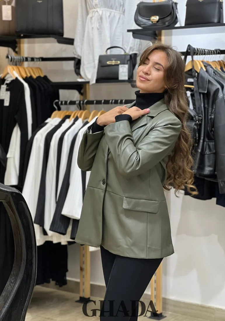 Blazer en simili-cuir vert kaki