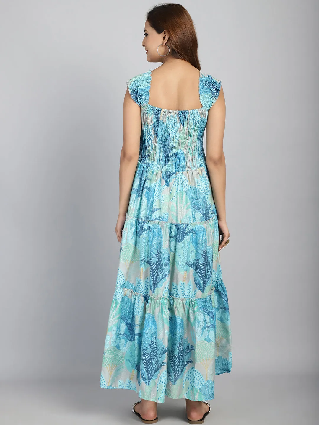 Blue Printed Dress with Square Neck