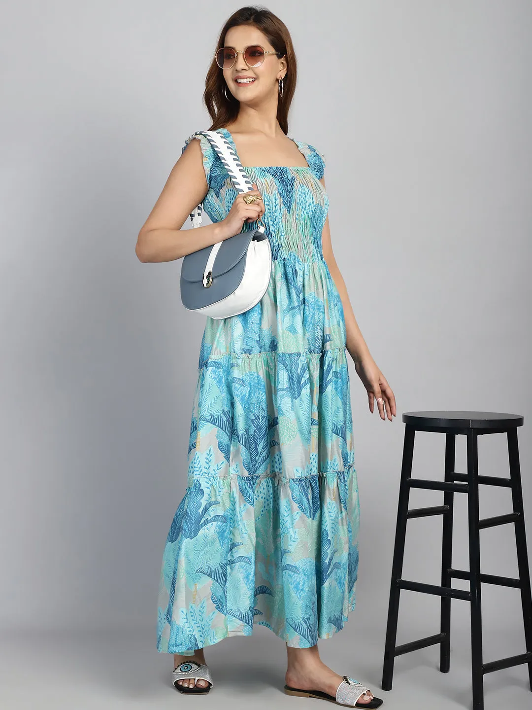 Blue Printed Dress with Square Neck