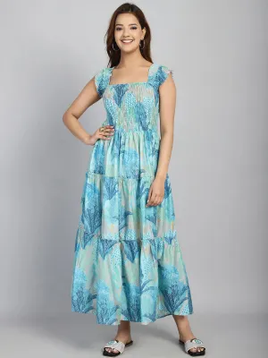 Blue Printed Dress with Square Neck