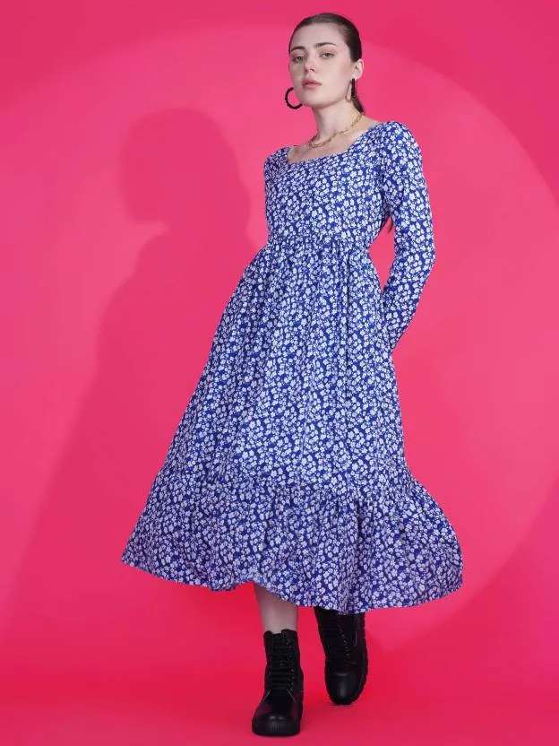 Blue Printed Fit and Flare Maxi Dress