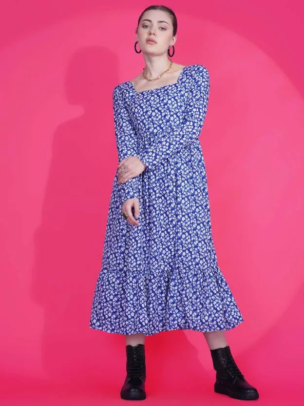 Blue Printed Fit and Flare Maxi Dress
