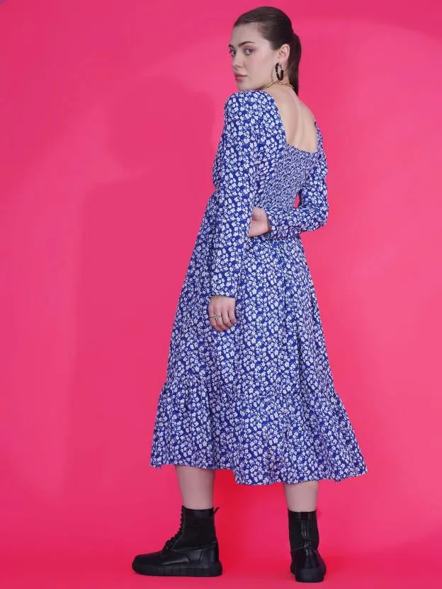 Blue Printed Fit and Flare Maxi Dress