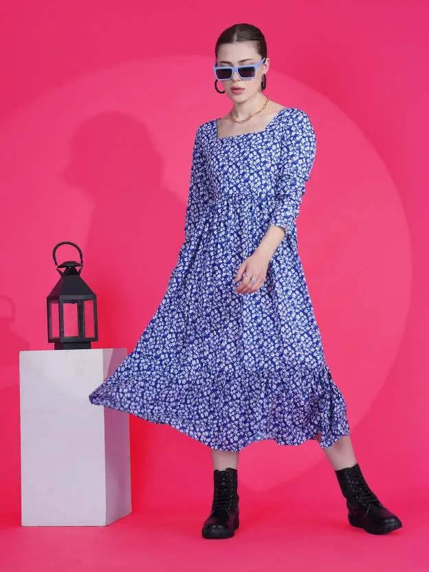 Blue Printed Fit and Flare Maxi Dress