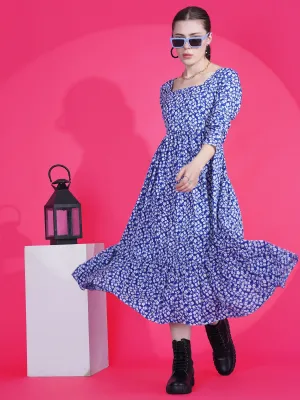 Blue Printed Fit and Flare Maxi Dress