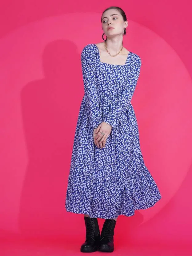 Blue Printed Fit and Flare Maxi Dress