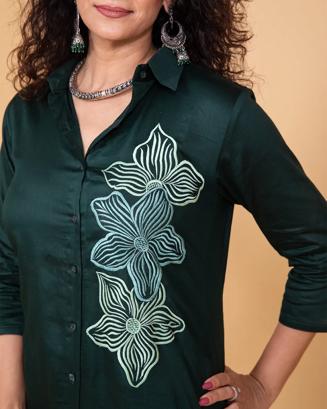 Bottle green embroidered coord set