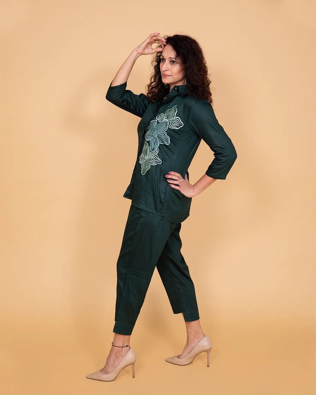 Bottle green embroidered coord set