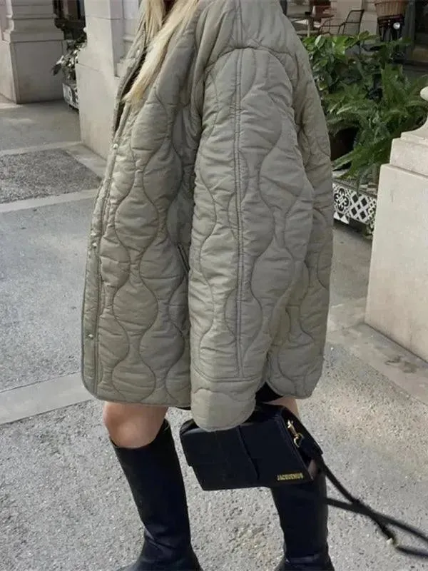 Chic Round Neck Women Quilted Coat