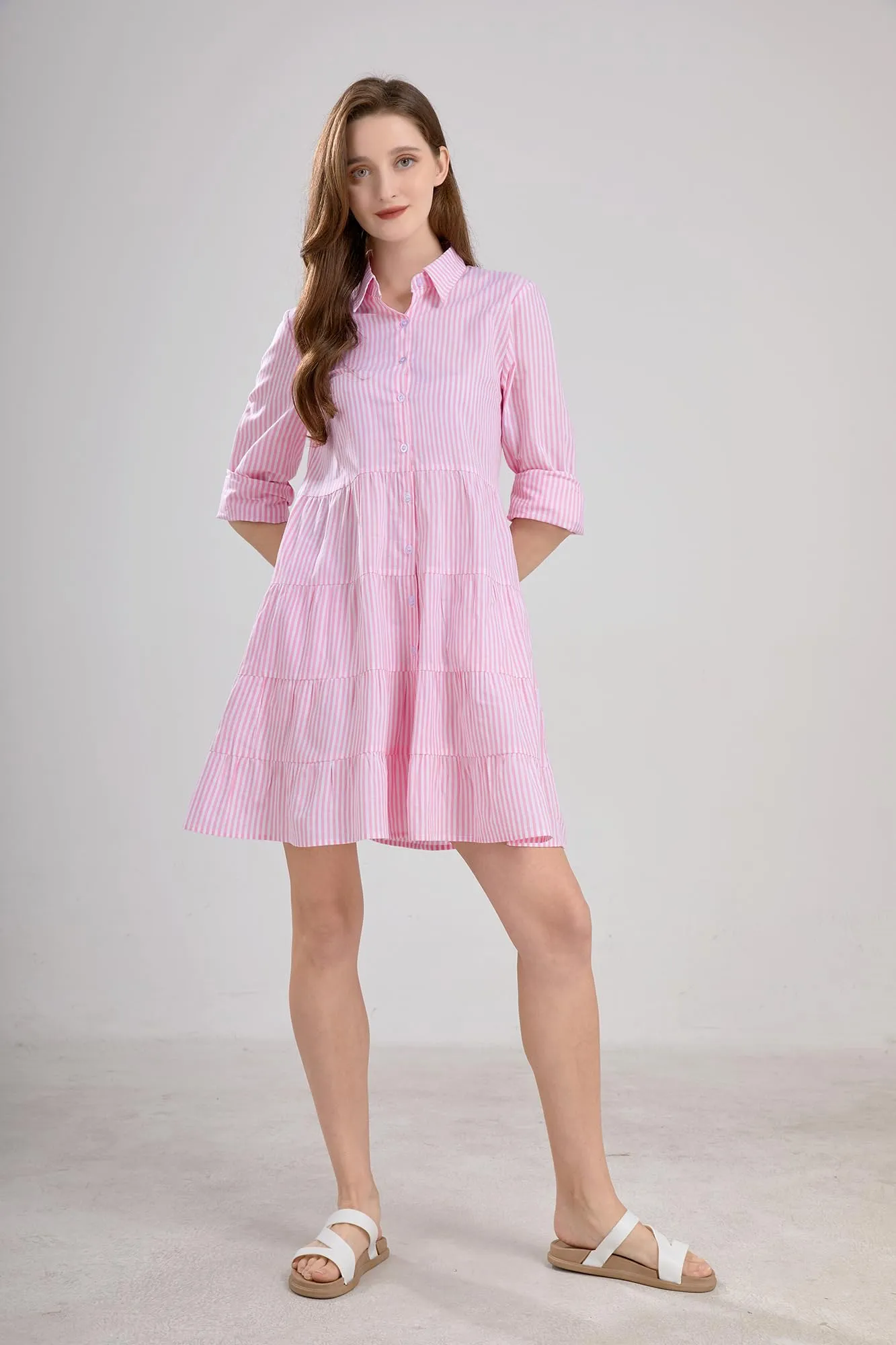 Chouyatou Womens Striped Button Down Midi Shirt Dress Casual Loose Cuffed Long Sleeve Mid Long Dresses