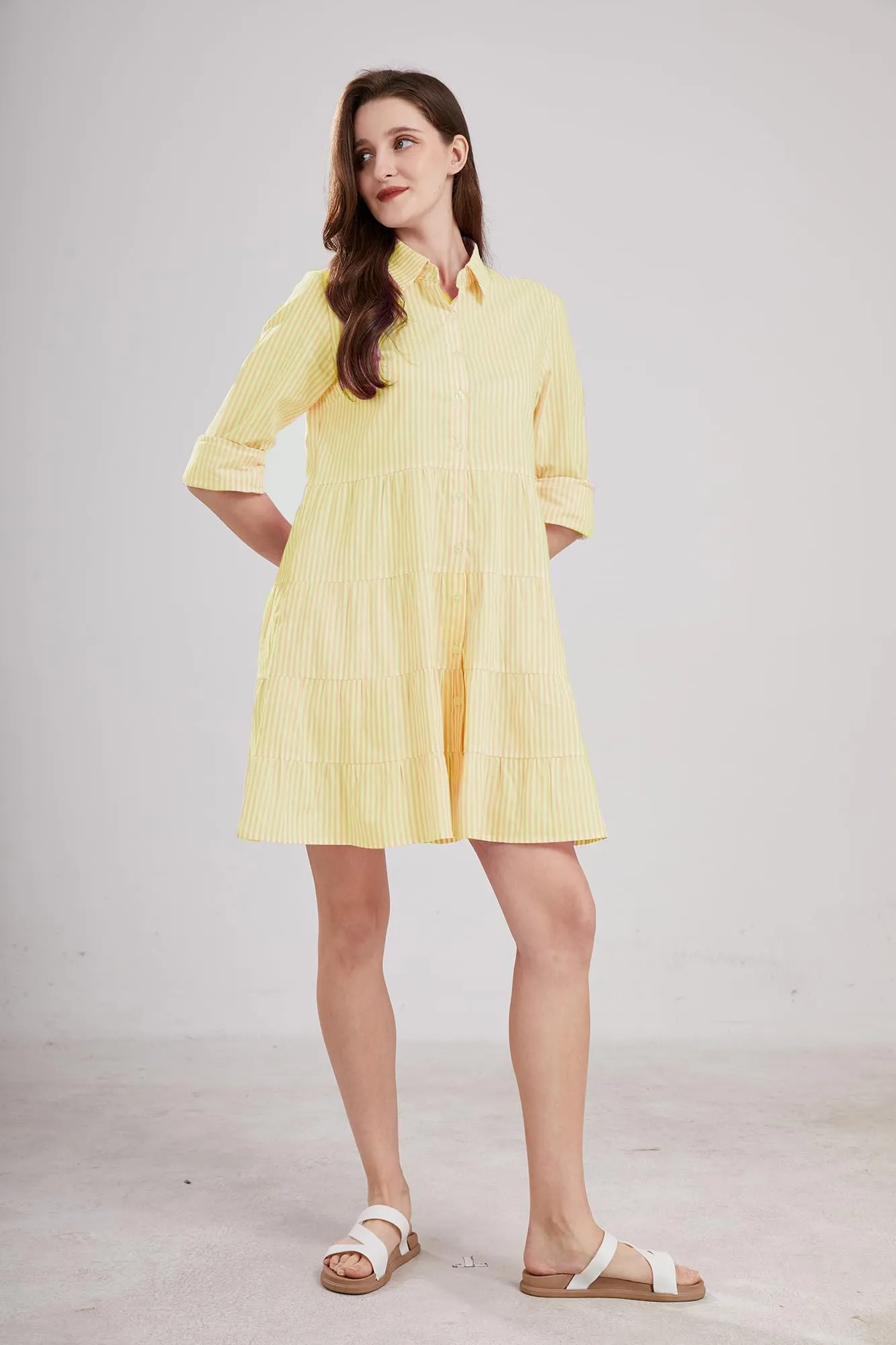 Chouyatou Womens Striped Button Down Midi Shirt Dress Casual Loose Cuffed Long Sleeve Mid Long Dresses