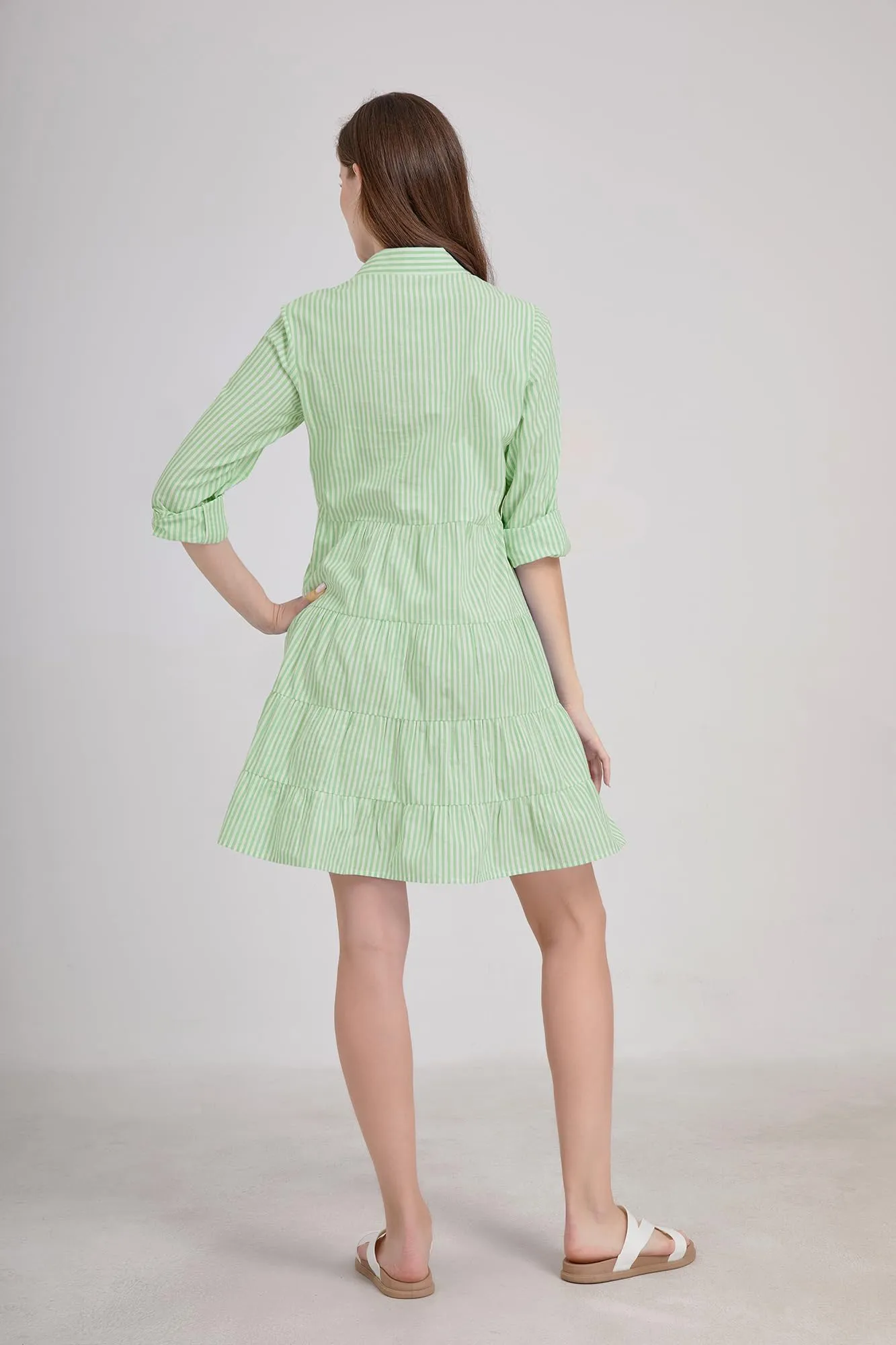 Chouyatou Womens Striped Button Down Midi Shirt Dress Casual Loose Cuffed Long Sleeve Mid Long Dresses