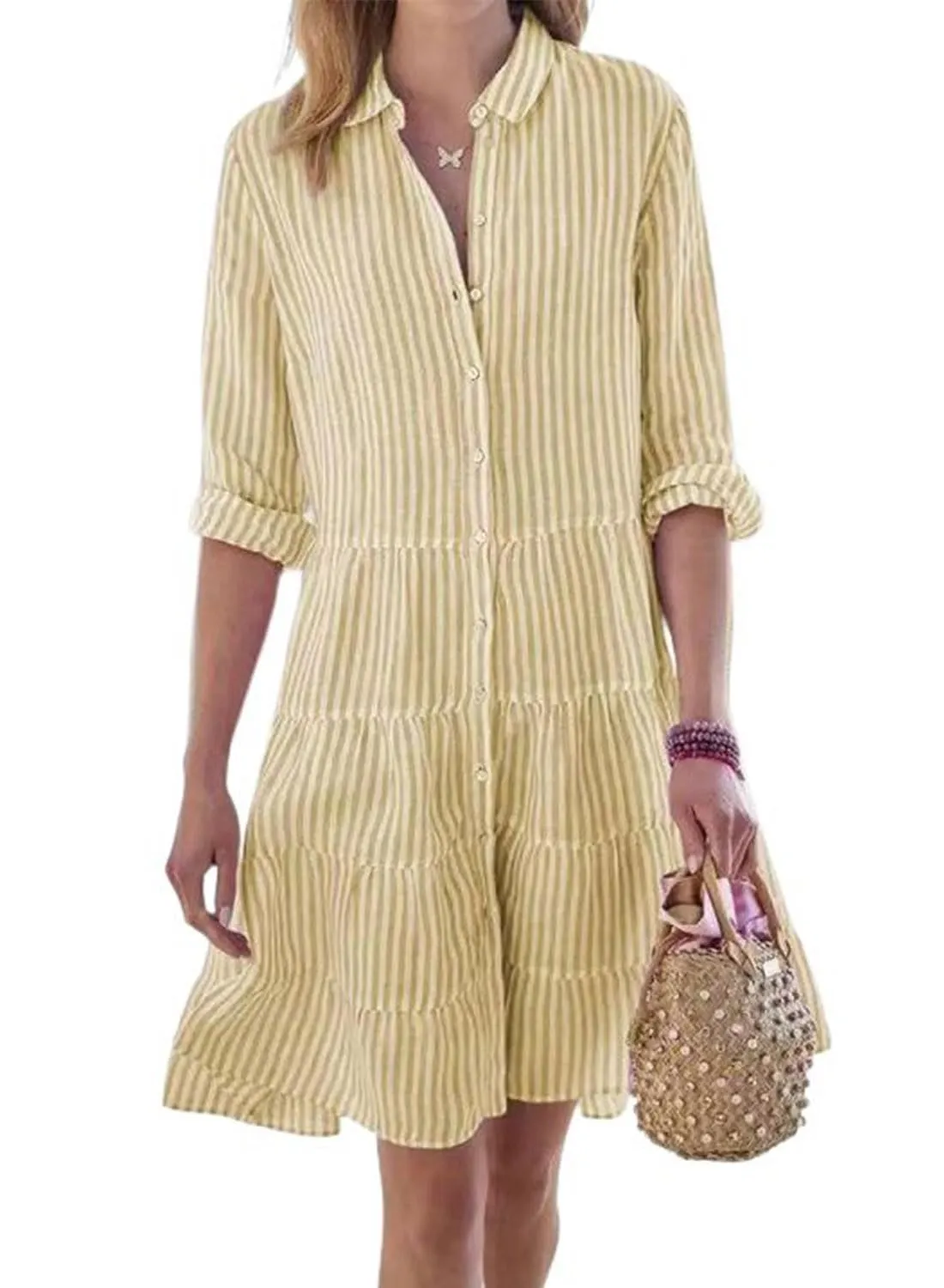 Chouyatou Womens Striped Button Down Midi Shirt Dress Casual Loose Cuffed Long Sleeve Mid Long Dresses