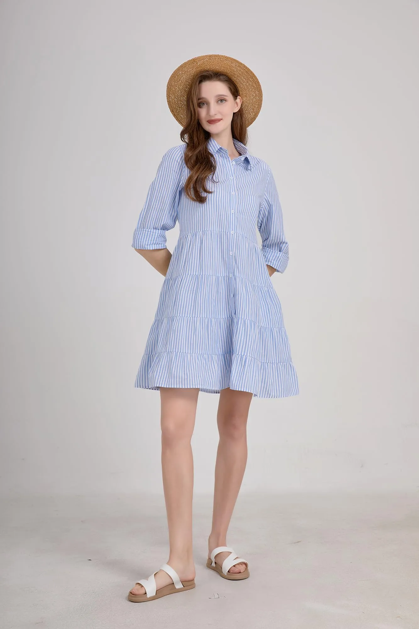 Chouyatou Womens Striped Button Down Midi Shirt Dress Casual Loose Cuffed Long Sleeve Mid Long Dresses