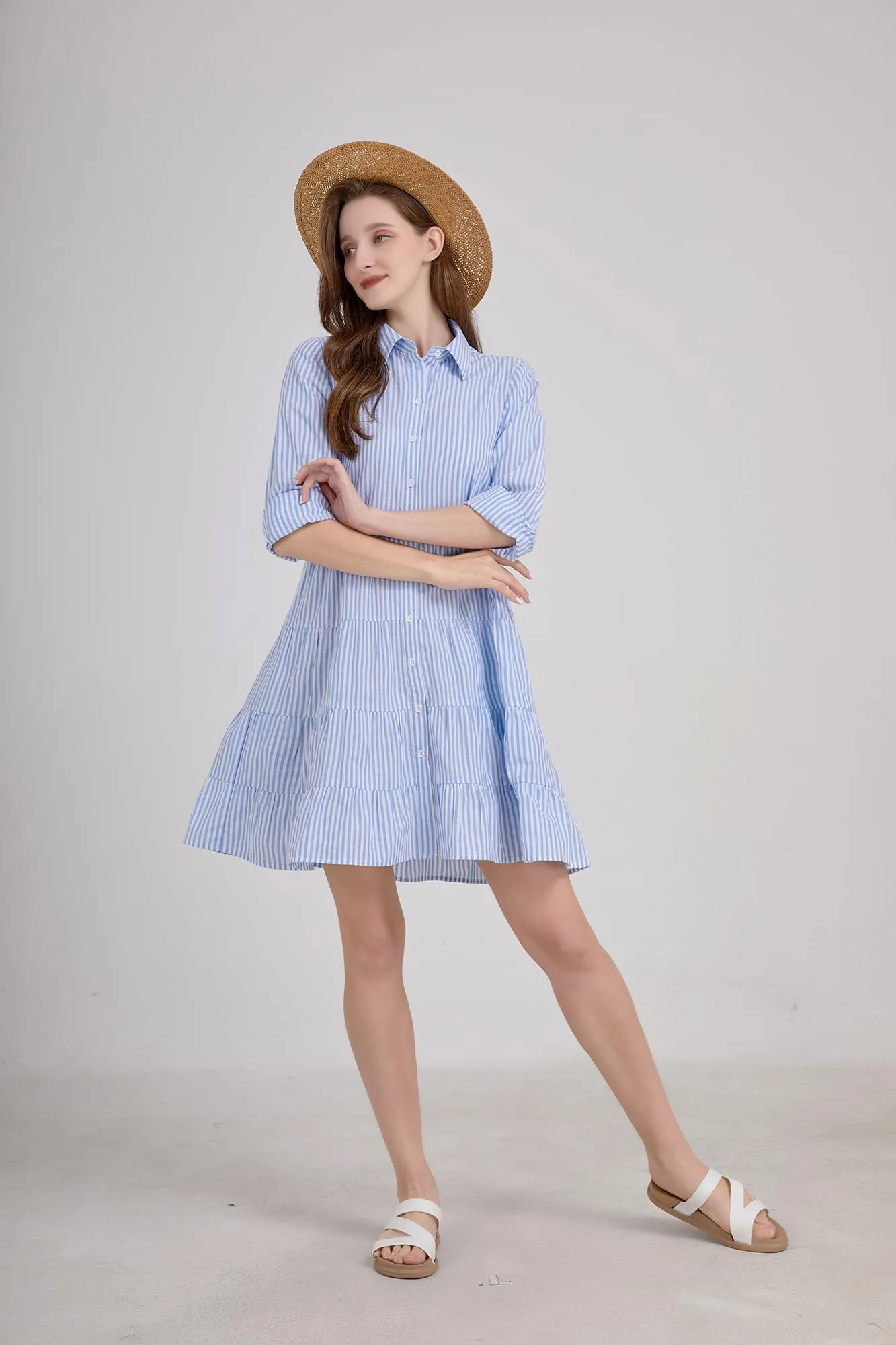 Chouyatou Womens Striped Button Down Midi Shirt Dress Casual Loose Cuffed Long Sleeve Mid Long Dresses