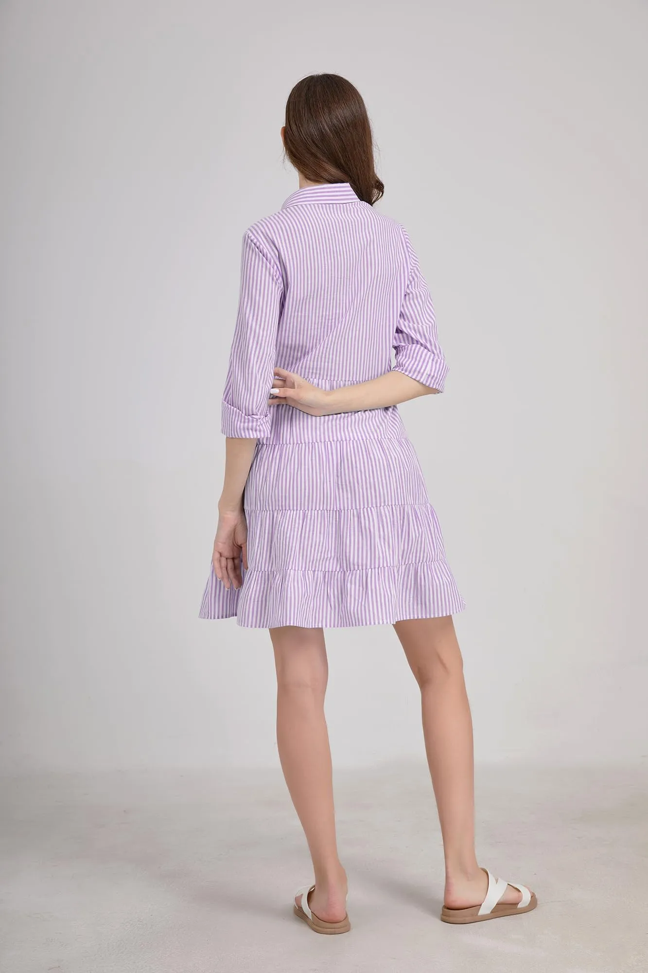 Chouyatou Womens Striped Button Down Midi Shirt Dress Casual Loose Cuffed Long Sleeve Mid Long Dresses
