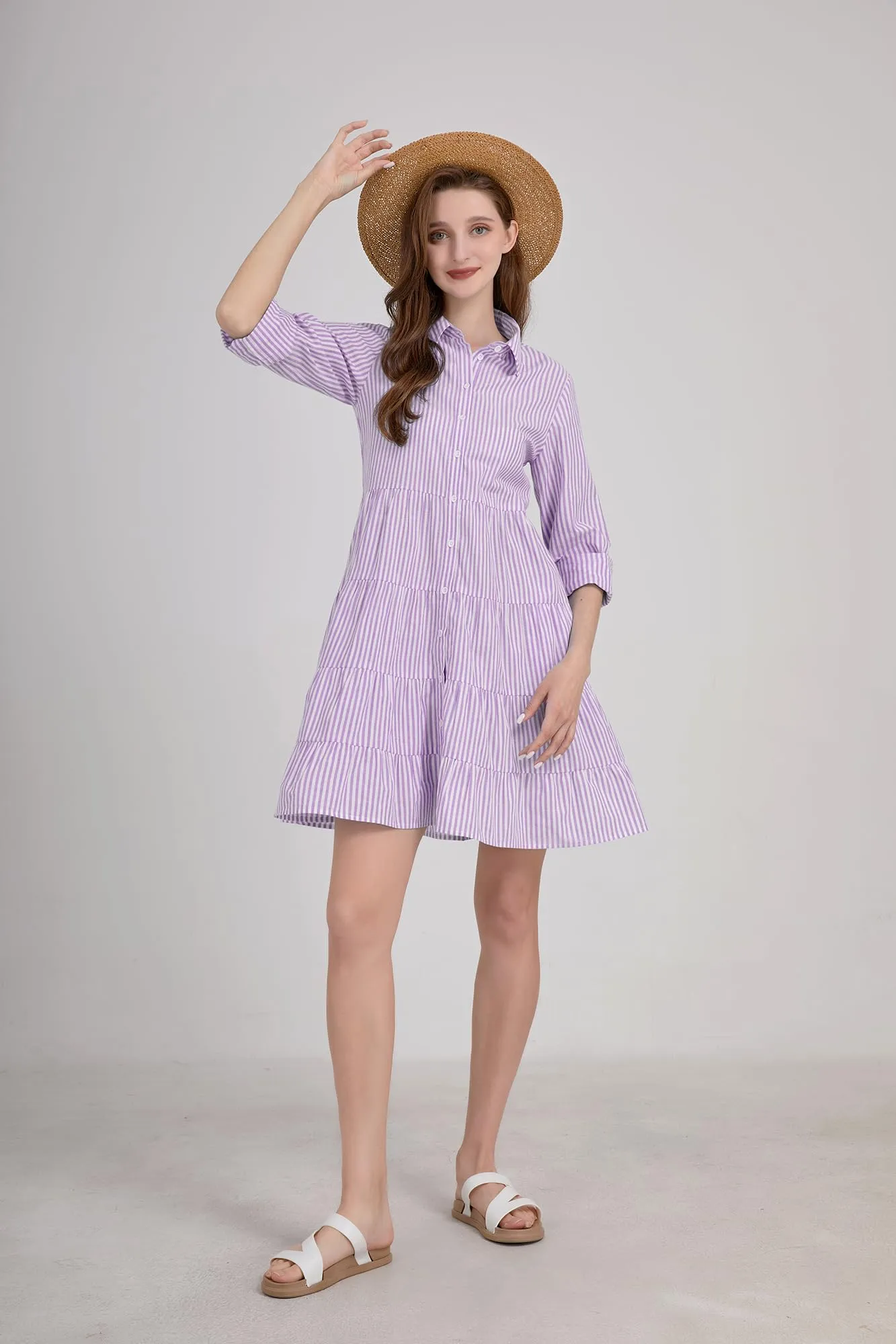 Chouyatou Womens Striped Button Down Midi Shirt Dress Casual Loose Cuffed Long Sleeve Mid Long Dresses