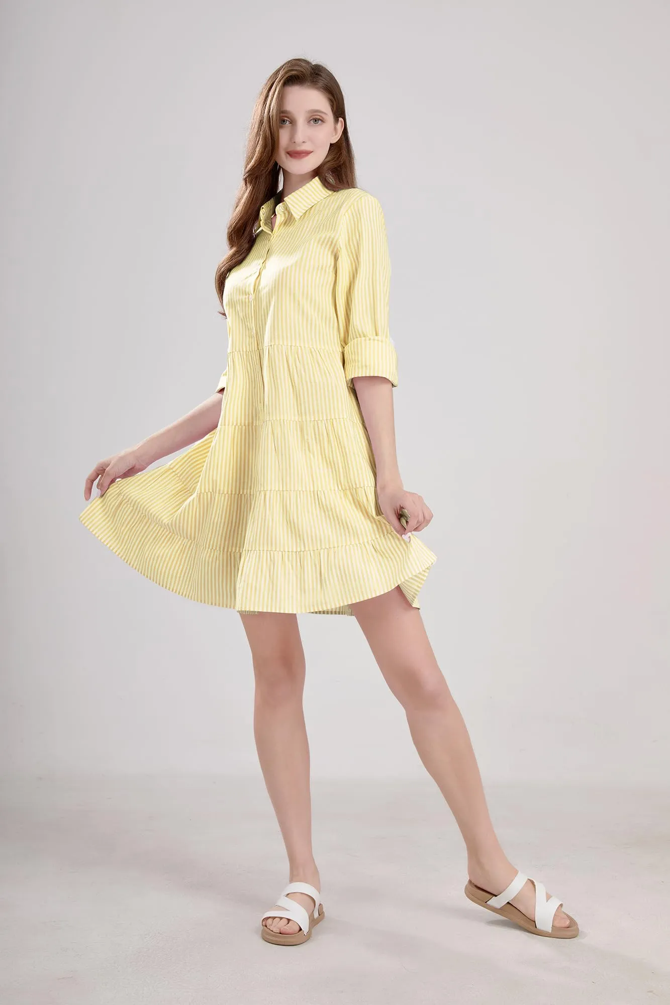 Chouyatou Womens Striped Button Down Midi Shirt Dress Casual Loose Cuffed Long Sleeve Mid Long Dresses