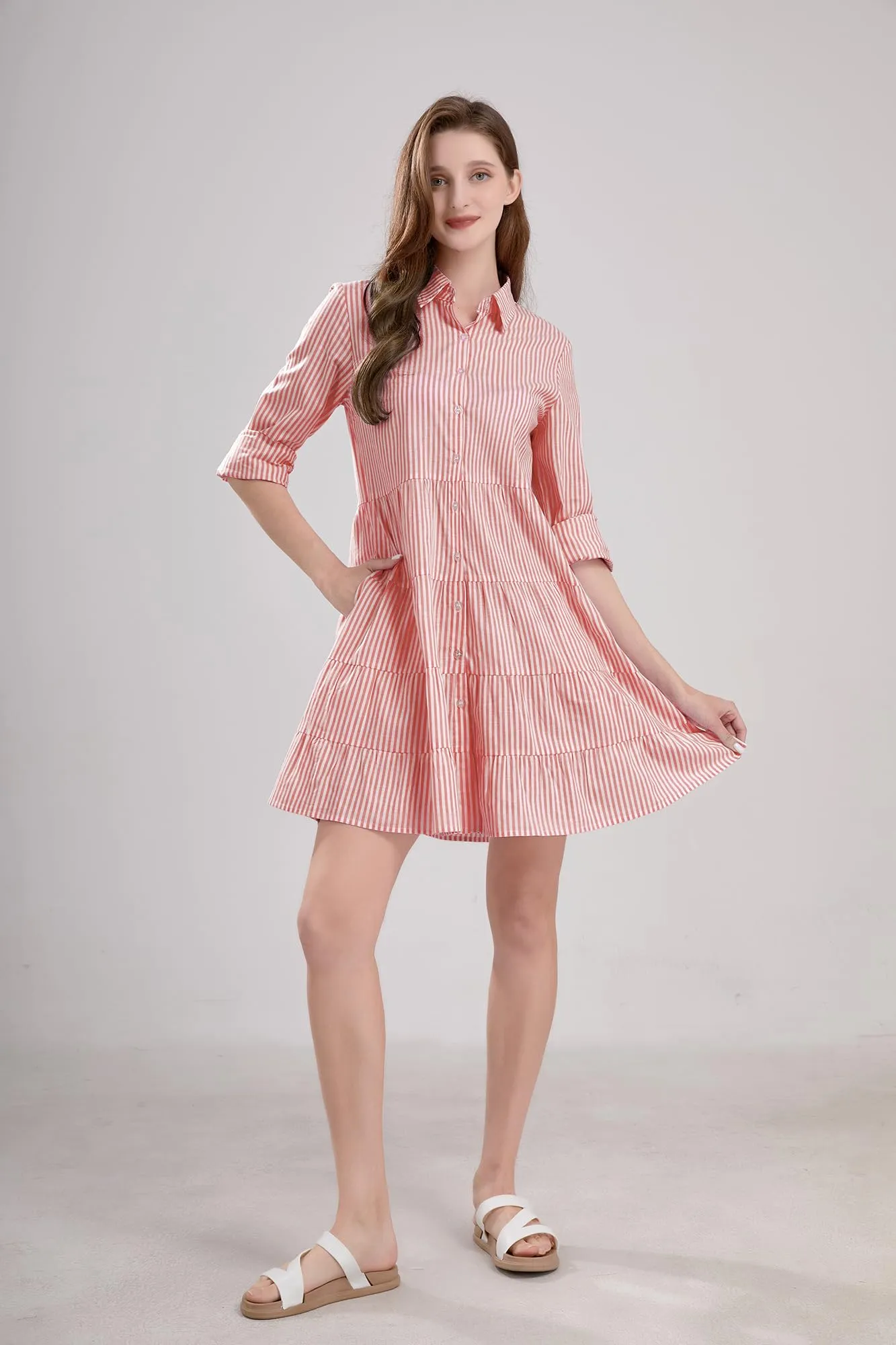Chouyatou Womens Striped Button Down Midi Shirt Dress Casual Loose Cuffed Long Sleeve Mid Long Dresses