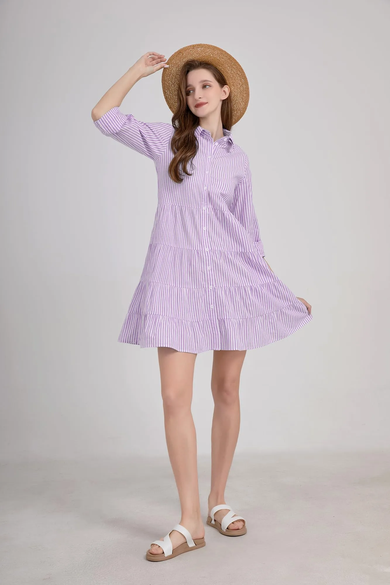 Chouyatou Womens Striped Button Down Midi Shirt Dress Casual Loose Cuffed Long Sleeve Mid Long Dresses