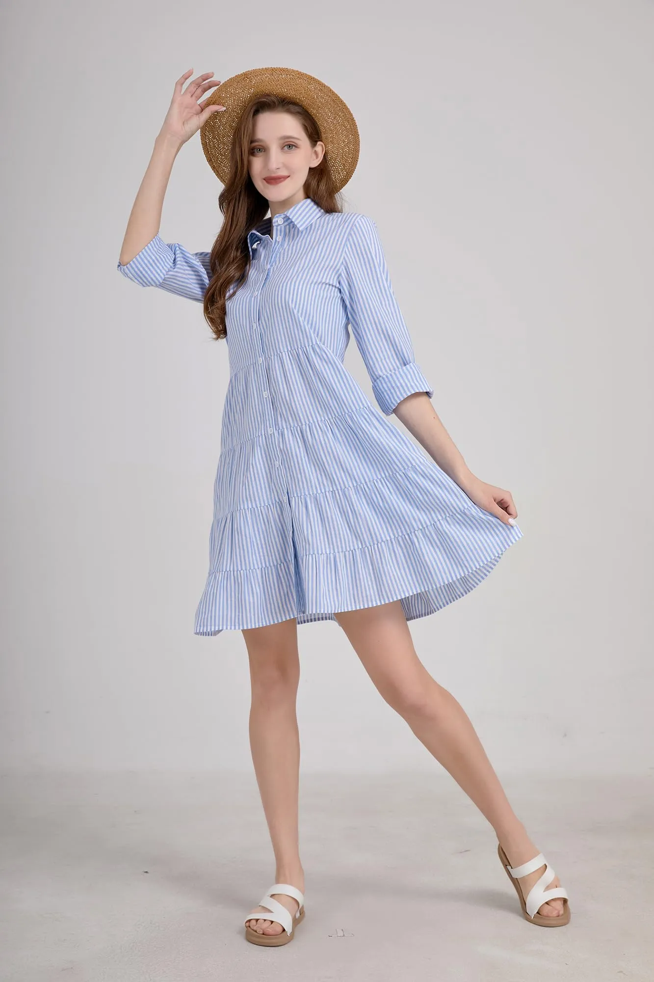 Chouyatou Womens Striped Button Down Midi Shirt Dress Casual Loose Cuffed Long Sleeve Mid Long Dresses