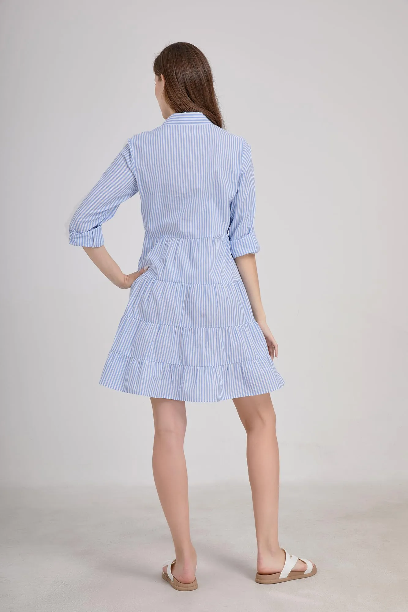 Chouyatou Womens Striped Button Down Midi Shirt Dress Casual Loose Cuffed Long Sleeve Mid Long Dresses