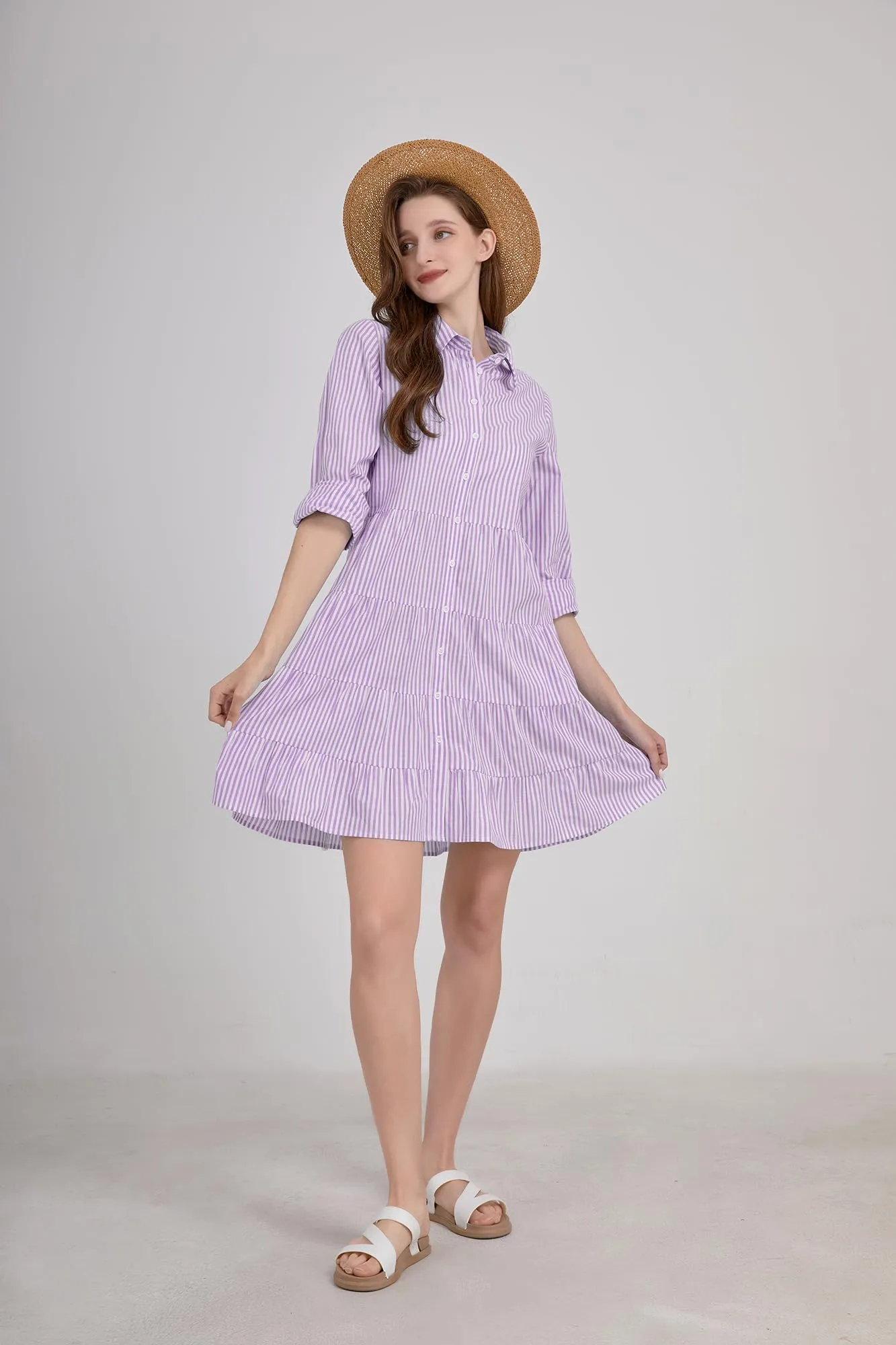 Chouyatou Womens Striped Button Down Midi Shirt Dress Casual Loose Cuffed Long Sleeve Mid Long Dresses