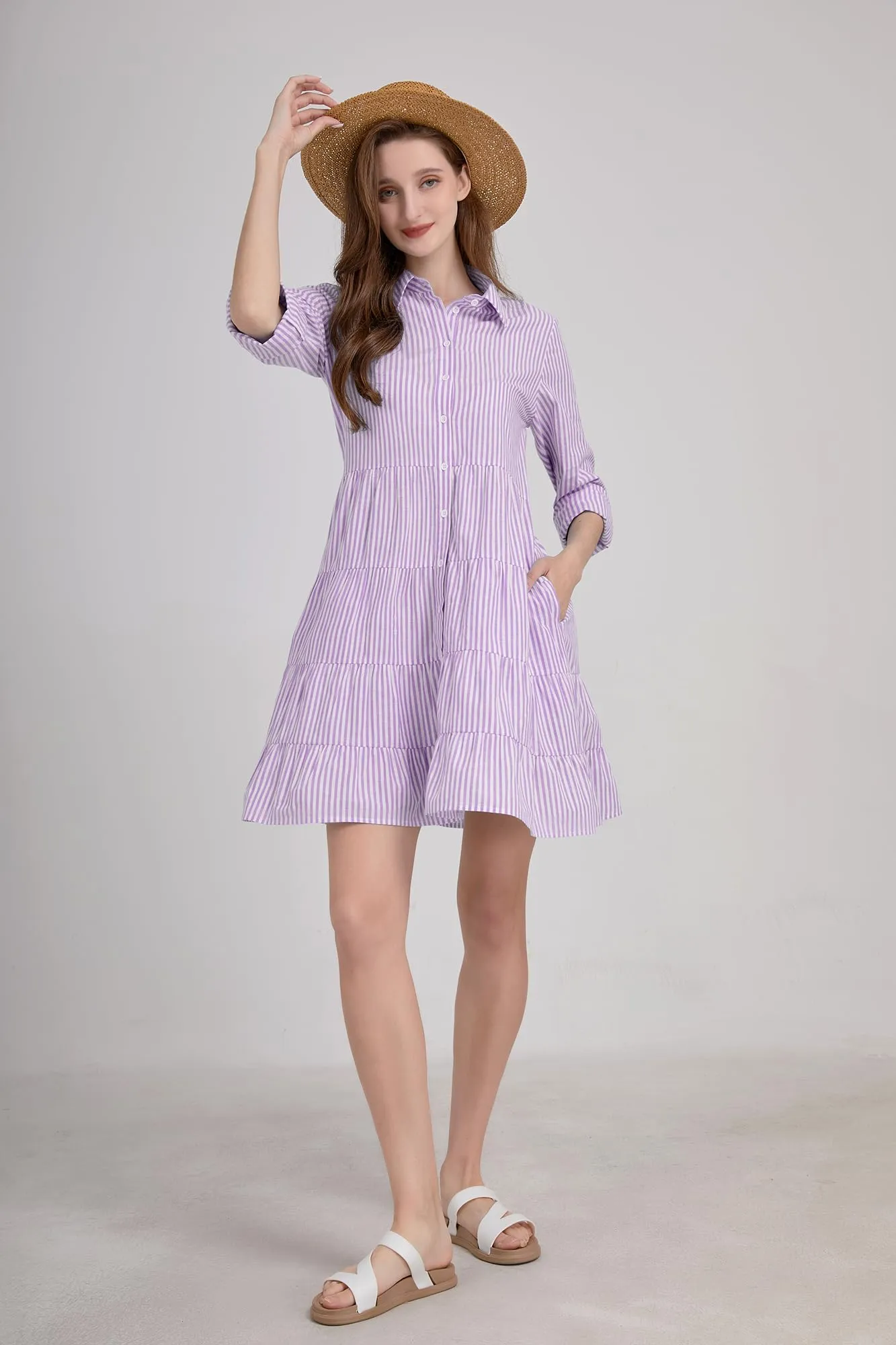 Chouyatou Womens Striped Button Down Midi Shirt Dress Casual Loose Cuffed Long Sleeve Mid Long Dresses